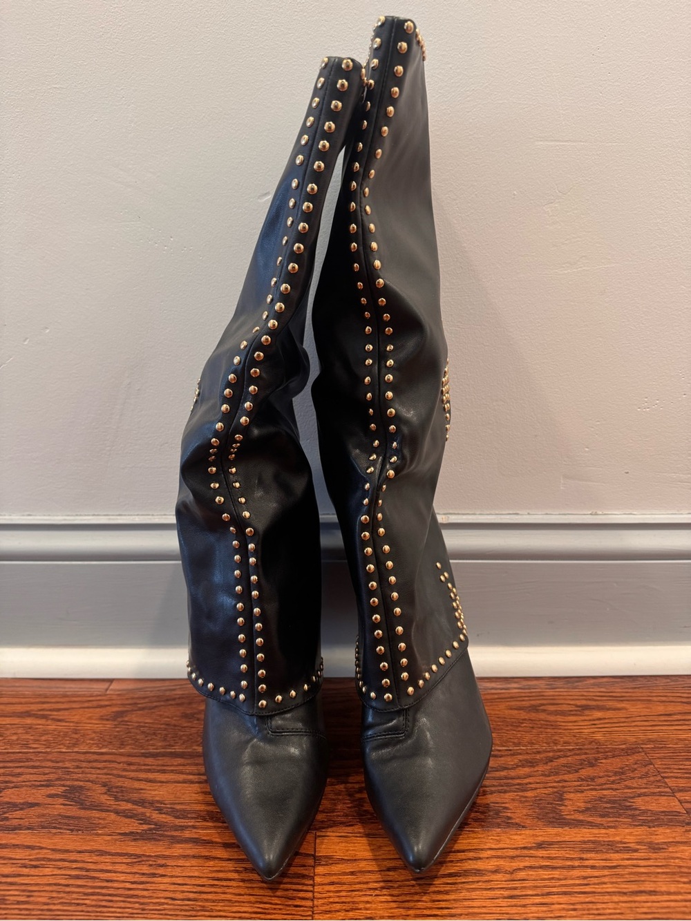 Black Studded Pointed-Toe Knee-High Boots